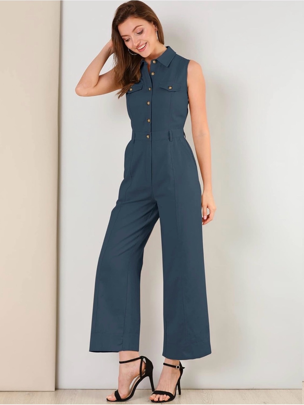 Allegra K Sleeveless Button-Front Wide-Leg Jumpsuit in Slate Blue